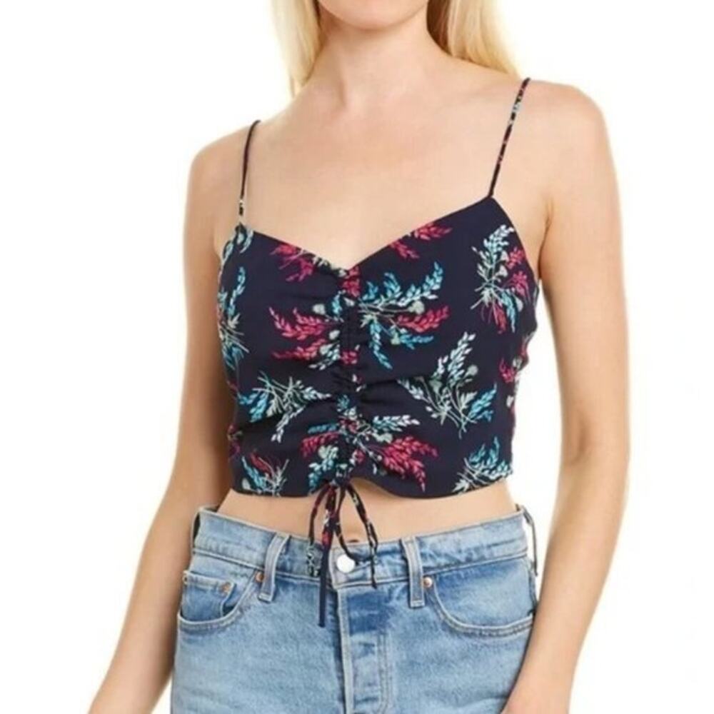 Likely Alias Ruched‎ Crop Top Women's Size Medium Navy Blue Floral Print V-Neck